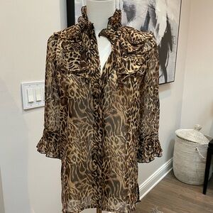 Karen Zambos Ruffle Animal Print Button Down Blouse - Sz S